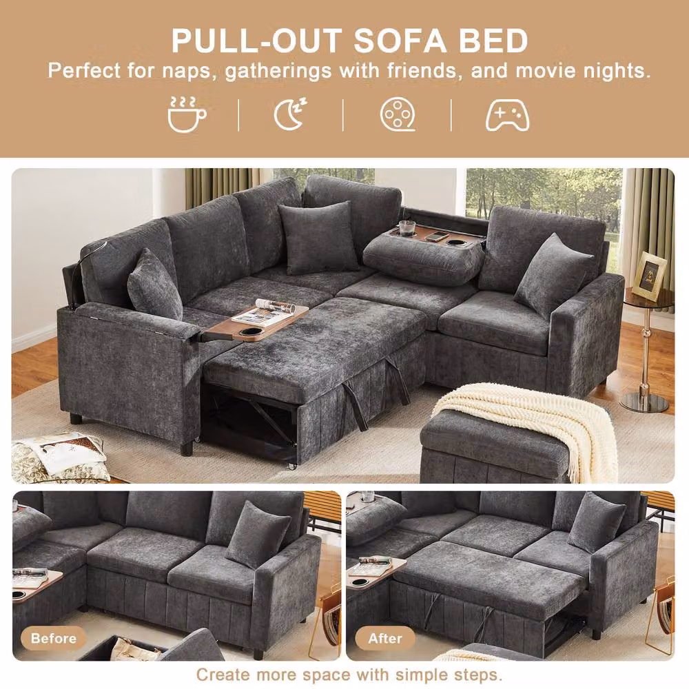 FENCHILIN Grey Fabric Pull-out Sofa Bed with Hidden Table, Reading Lamp and Cup Holders – 2