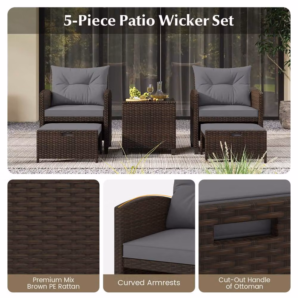 Gymax 5 Piece Grey Rattan Patio Furniture Set with Cushioned Wicker Chairs – 5