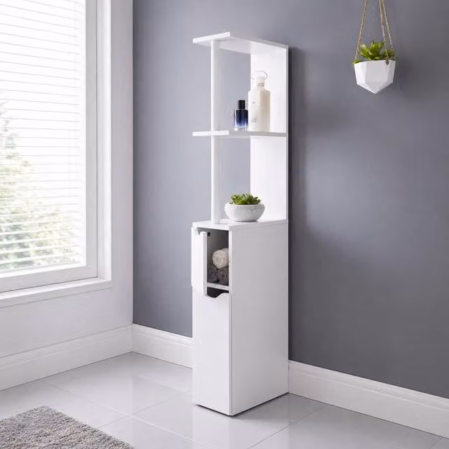 Saxony White Tall Slim Bathroom Storage Cabinet with 2 Doors and 2 Shelves, W/D/H: 29.8 x 15.2 x 118.0 cm