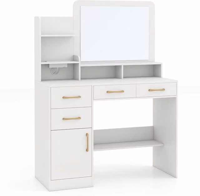 Costway Modern Dressing Desk Makeup Vanity Table with Cabinet and Mirror in White and Gold