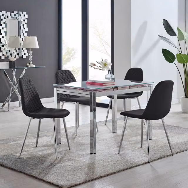 Furniturebox Enna White Glossy Glass Extending Rectangular Dining Table and 4 Corona Silver Leg Chairs in Black