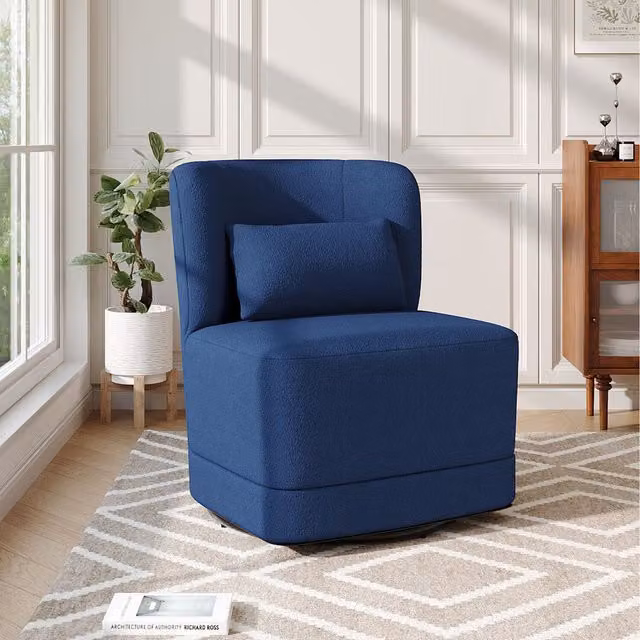 Komore Blue Bouclé Tub Swivel Chair with Solid Wood Frame