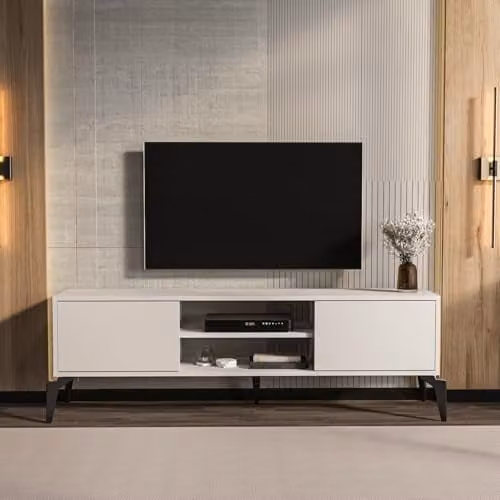 DECOROTIKA Lojo Modern TV Stand in White with Two Cabinets and Two Open Shelves, Width: 160 cm