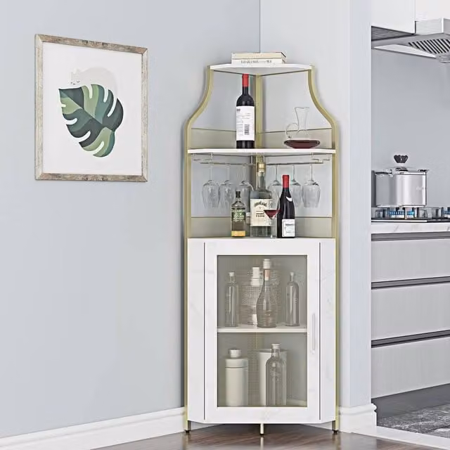 VOGREX Modern Corner Wine Bar Cabinet with Storage Shelves and Drawers in Black, White and Multicolour, H: 152.4 cm x W: 47.0 cm x D: 46.99 cm