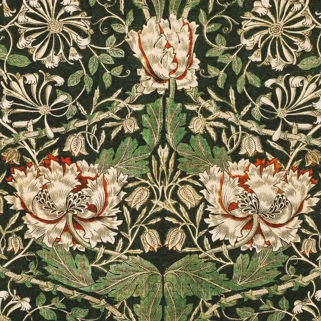 William Morris Honey Suckle Floral Printed Green Cotton Fabric