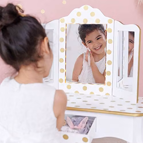 Teamson Fantasy Fields Gisele Kids Play Vanity Set with LED Mirror in White and Gold – 3