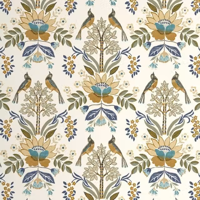 Grandeco Floral Damask Art Nouveau Wallpaper with Animals and Botanical Patterns in Blue and Multicolour