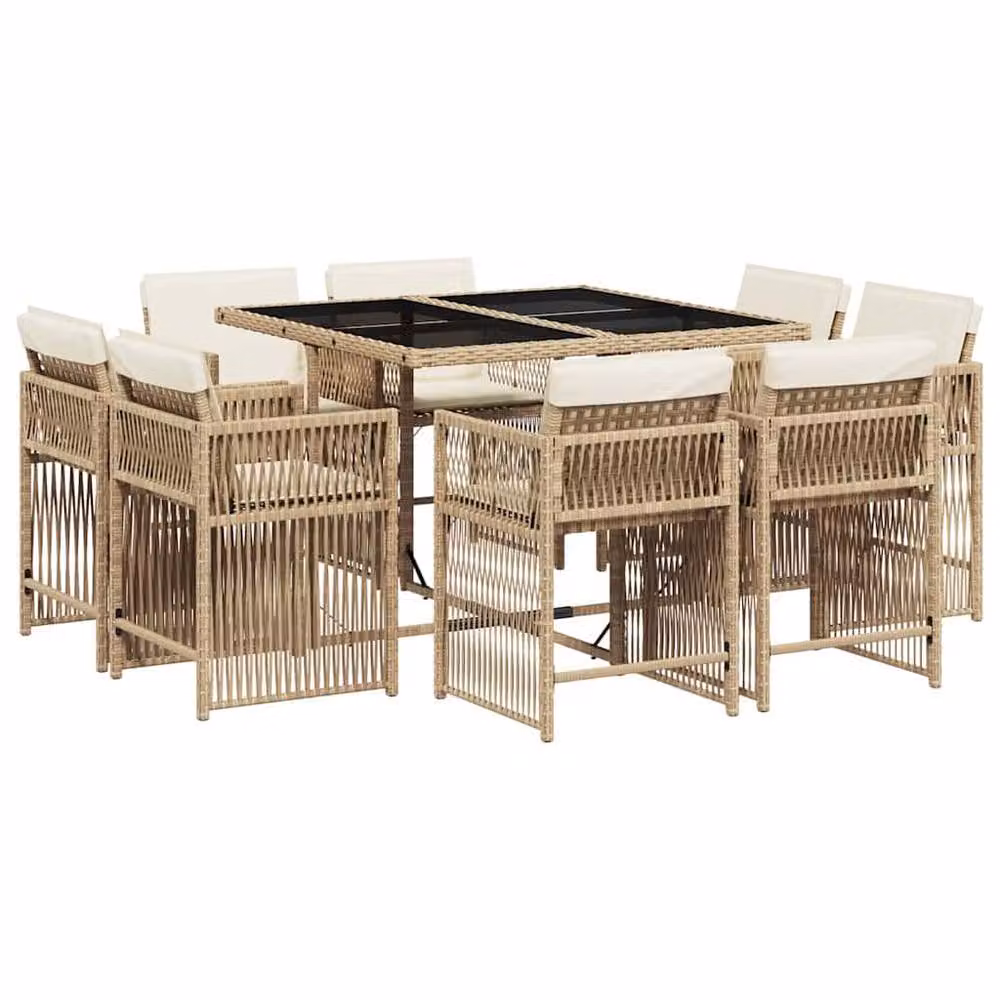 Berkfield Home 9 Piece Poly Rattan Garden Dining Set with Beige Cushions and Glass Tabletop – 2
