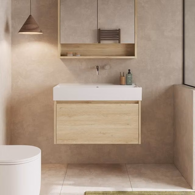 Banyetti Mino 800mm Wall Hung Vanity Unit with Veneto 0TH Basin in Natural Light Oak