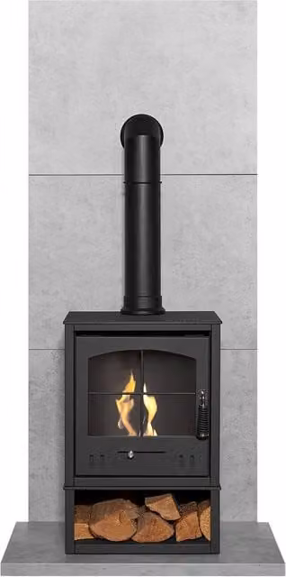 Acantha Fires & Fireplaces Tile & Hearth in Concrete Effect with OKO S2 Ethanol Stove, Store & Tall Pipe in Black – 1