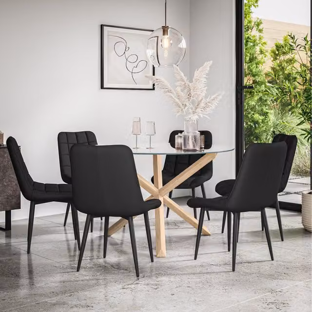 More4Homes Malvern Round Glass Dining Table Set with Oak Legs and 6 Black Nova Faux Leather Chairs