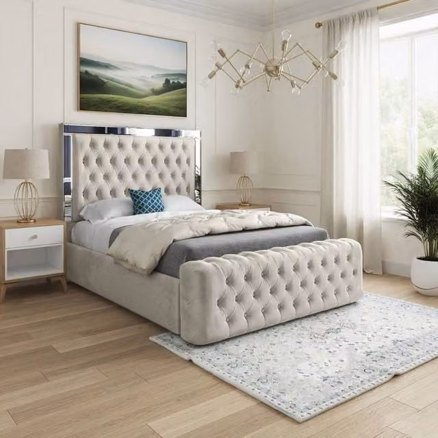 Casani Zennor Mirror Upholstered Designer Bed Frame in Beige Velvet, W/D/H: 120 x 200 cm – 1