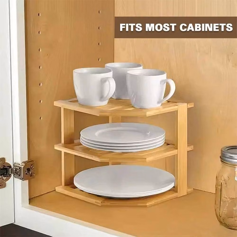 PAWNORA Bamboo Corner Plate Rack, Brown, W/D/H: 25.4 x 24.1 x 25.4 cm – 3