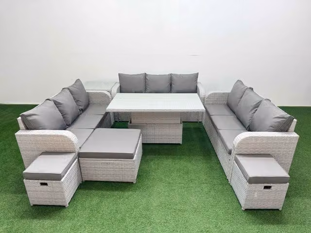 Fimous 12 Seater Grey PE Rattan Outdoor Garden Furniture Set with 3 Seater Sofa, 3 Stools, and Adjustable Lifting Dining or Coffee Table