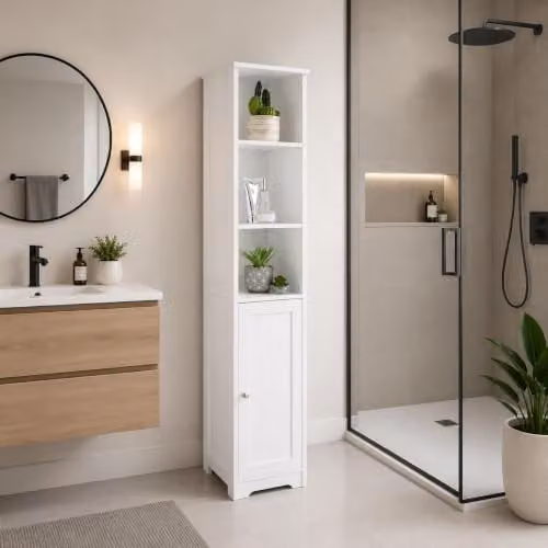 Saxony White Tall Slim Bathroom Storage Cabinet with Hinged Door and Internal Shelves, W/D/H: 30 x 30 x 160 cm
