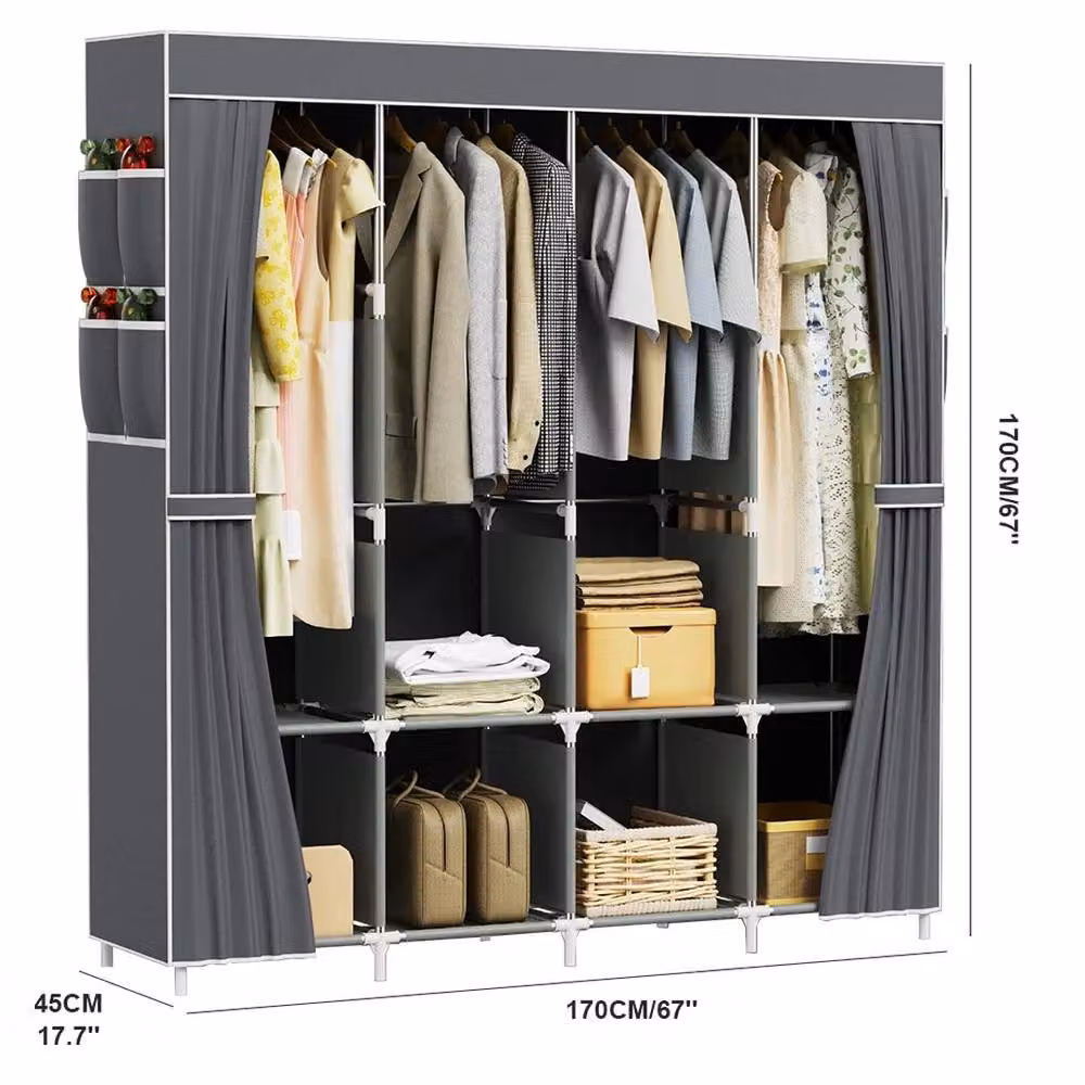 FORGEVIO Fabric Canvas Wardrobe with Hanging Rod and Internal Shelves, Grey, W/D/H: 45 x 45 x 170 cm – 2