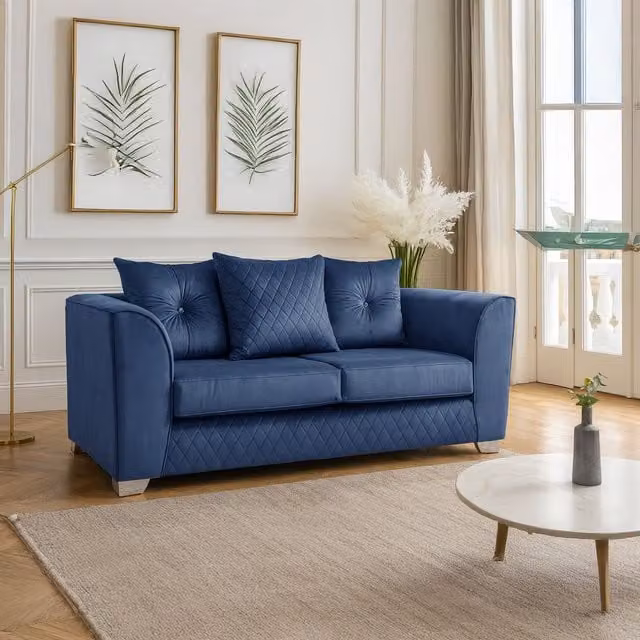 Furnishings For Less UK Victoria 2 Seater Sofa in Blue Soft Plush Velvet Fabric with Scatter Back