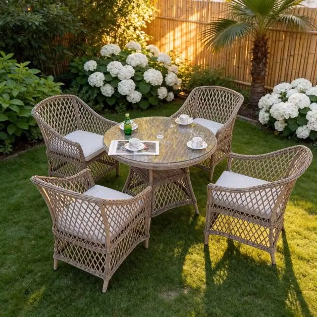 Furniture Maxi Provence 4-Seater Rattan Garden Dining Set with Round Glass Table in Beige and Sand