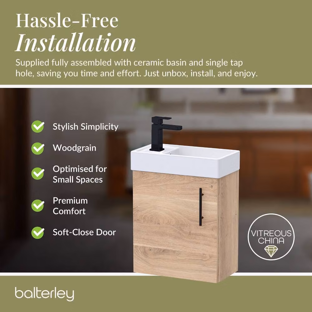 Balterley Wall Mounted Vanity Basin in Bleached Oak with Matt Black Handle, W: 40 cm, D: 40 cm, H: 52 cm – 4