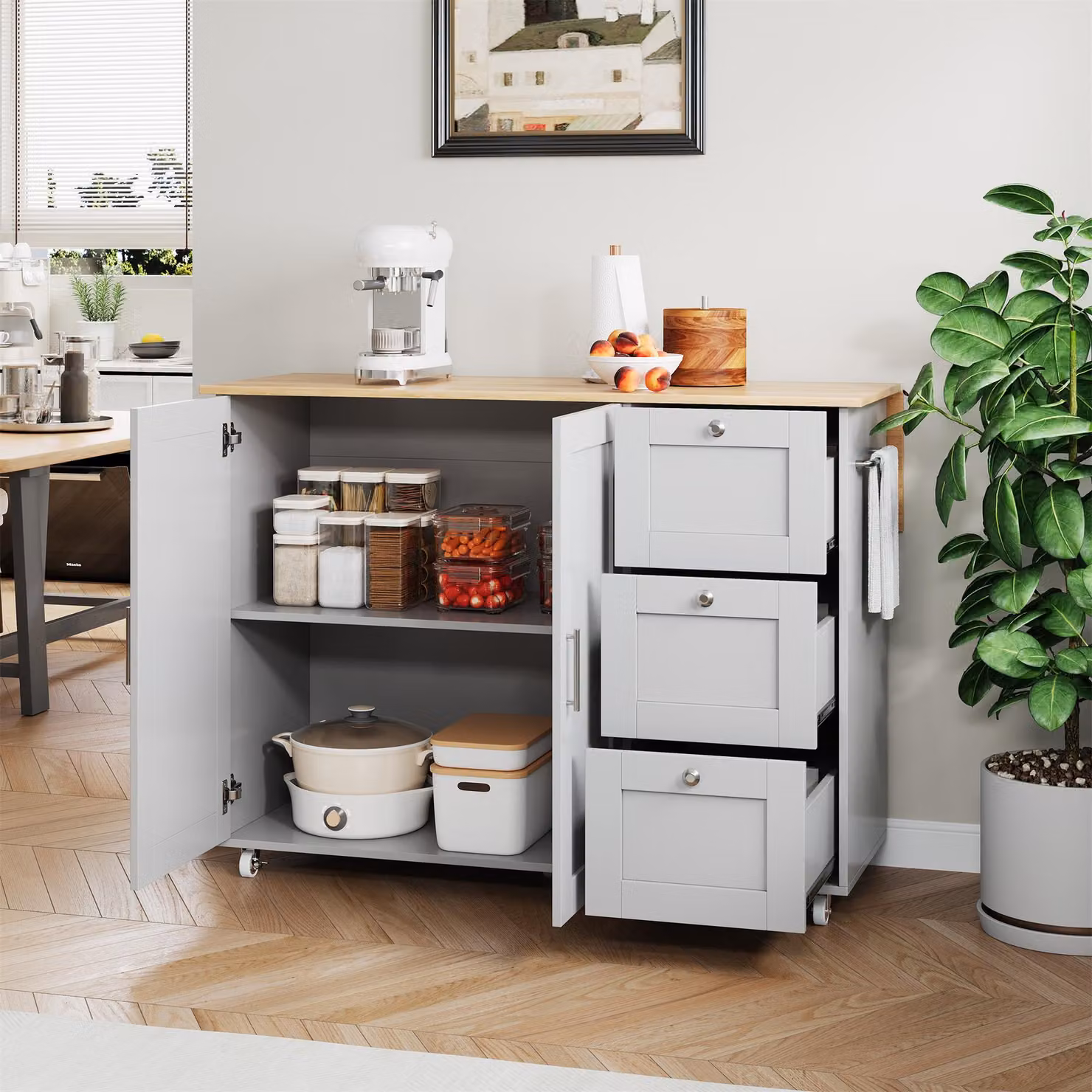 Aosom UK Grey Kitchen Island Trolley with 3 Drawers, 2-Door Cabinet and Foldable Worktop, W: 70 cm, D: 70 cm, H: 90 cm – 5