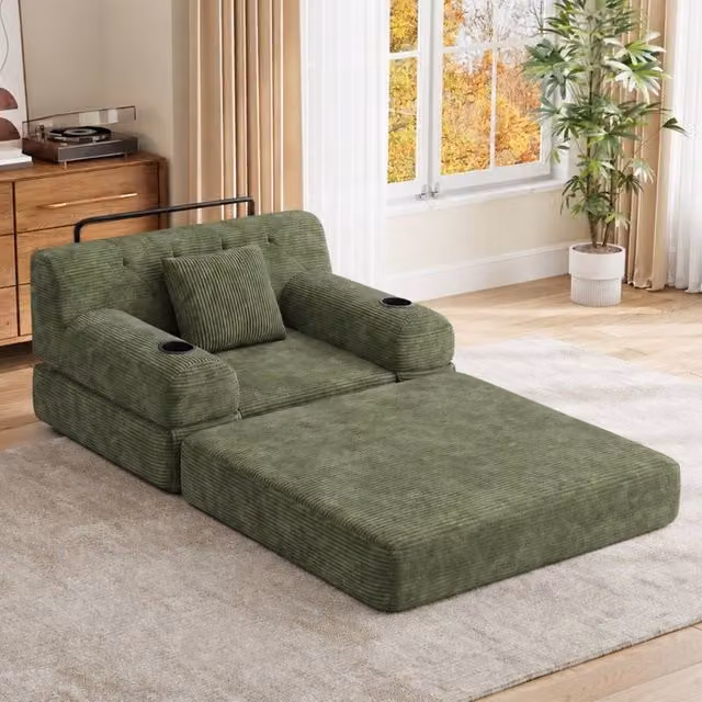 Rolipo Green Corduroy 1-Seater Sleeper Sofa with Cup Holders and Pockets – 1