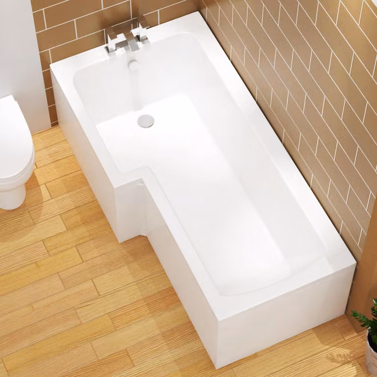 Qubix L-Shaped Square Corner Shower Bath with MDF Front and End Panels, White, W: 150 cm, D: 85 cm