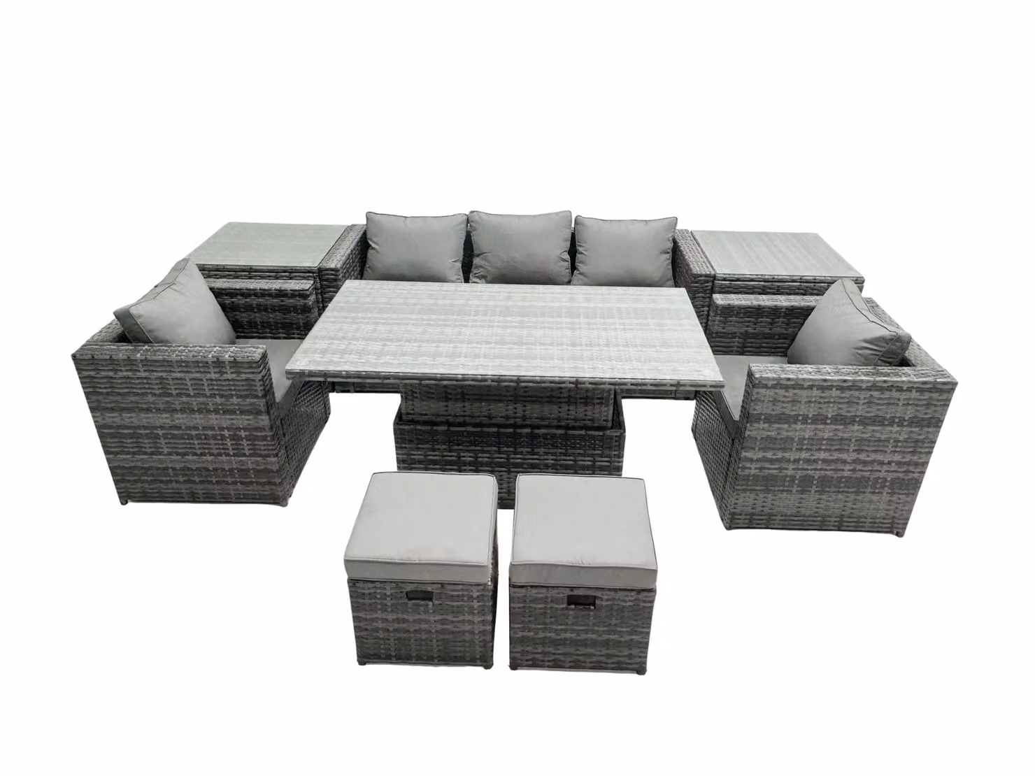 Fimous Rattan Garden Furniture Set in Dark Grey with Adjustable Rising Lifting Dining Table, Sofa, Chairs, 2 Side Coffee Tables and 2 Stools – 2