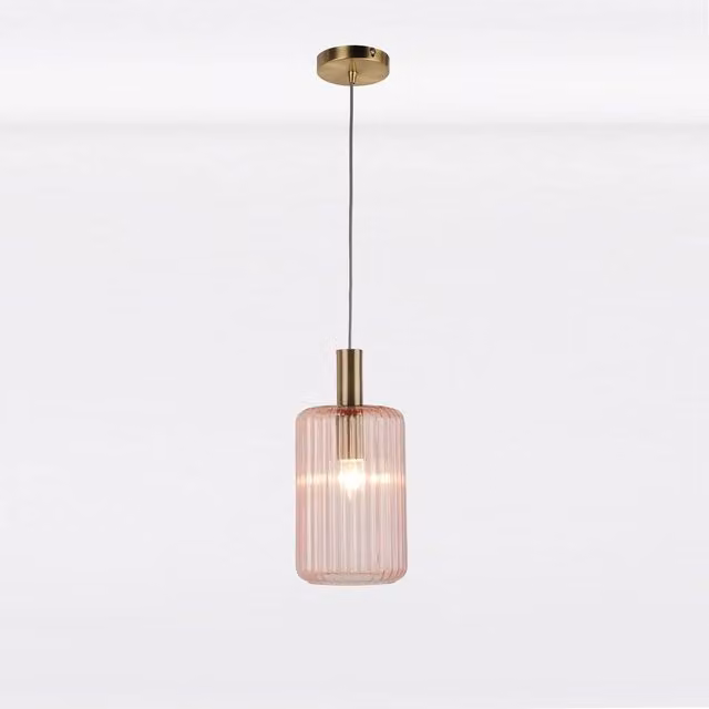 First Choice Lighting Blush Pink and Gold Fluted Glass Cylinder Pendant Light, Height Adjustable, Dimmable