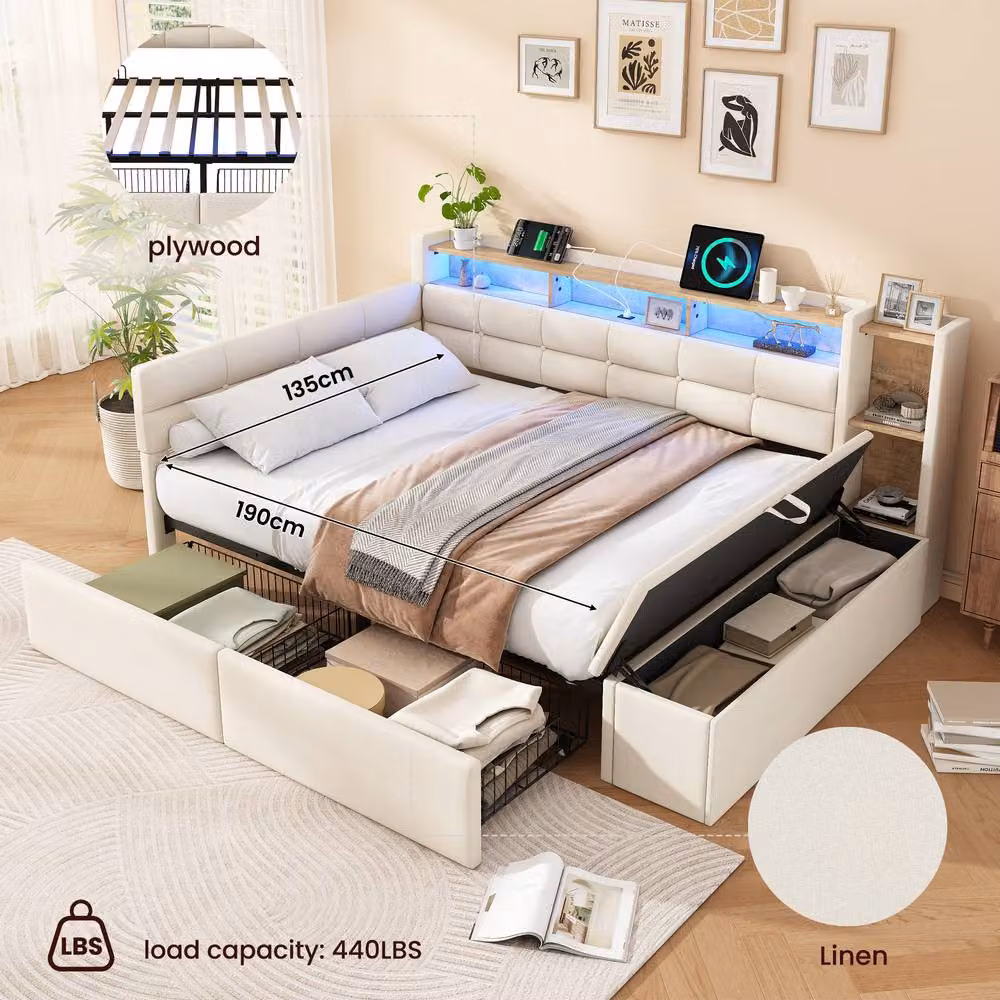 Merax Double Linen Upholstered Storage Bed with LED Lighting, USB Charging Port and Drawers, Beige, W/D/H: 140 x 200 x 111 cm – 4