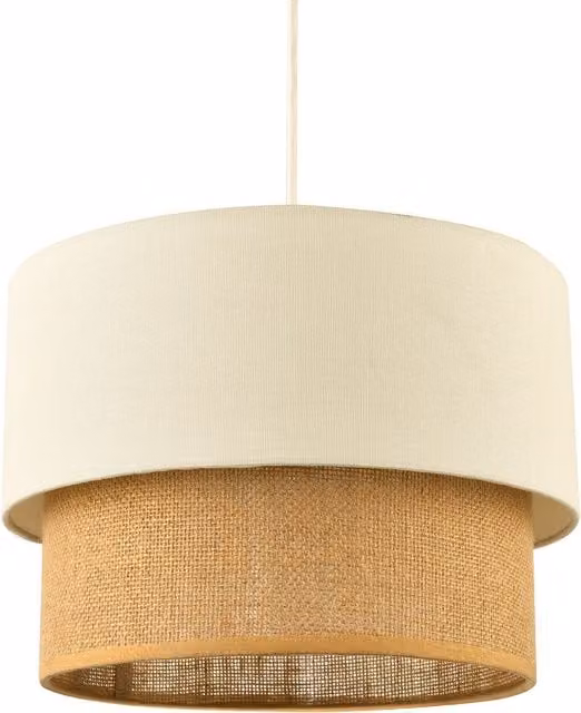 Happy Homewares Modern Two Tier Cylinder Pendant Shade in Brown and Beige Linen and Rattan