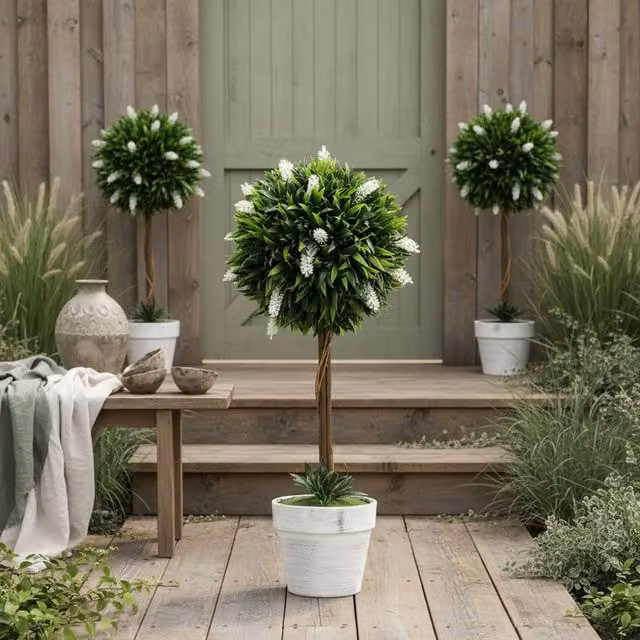 Wyld Haus Fano Neri Set of 2 White Artificial Floral Ball Trees with Pots, Height: 60 cm – 1