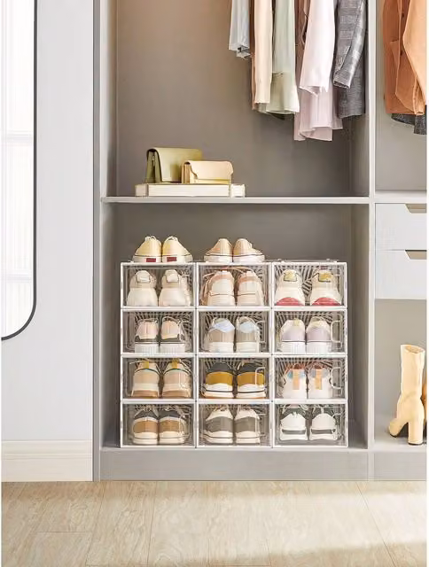 SONGMICS Stackable and Foldable Transparent Shoe Storage Boxes in White