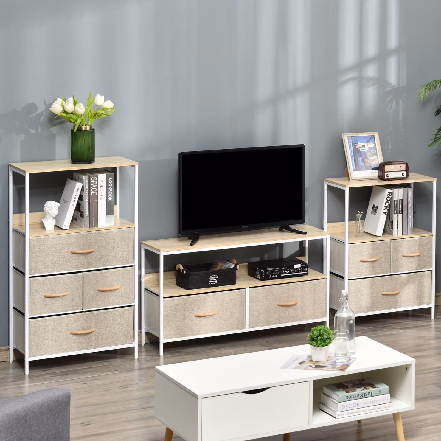 HOMCOM Wood Effect TV Cabinet with 2 Foldable Linen Drawers and Shelving – 3