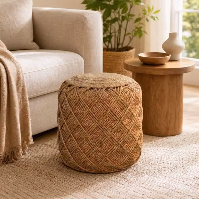 STILVORA Brown Cylindrical Footstool with Jute Woven Finish and Wood Frame