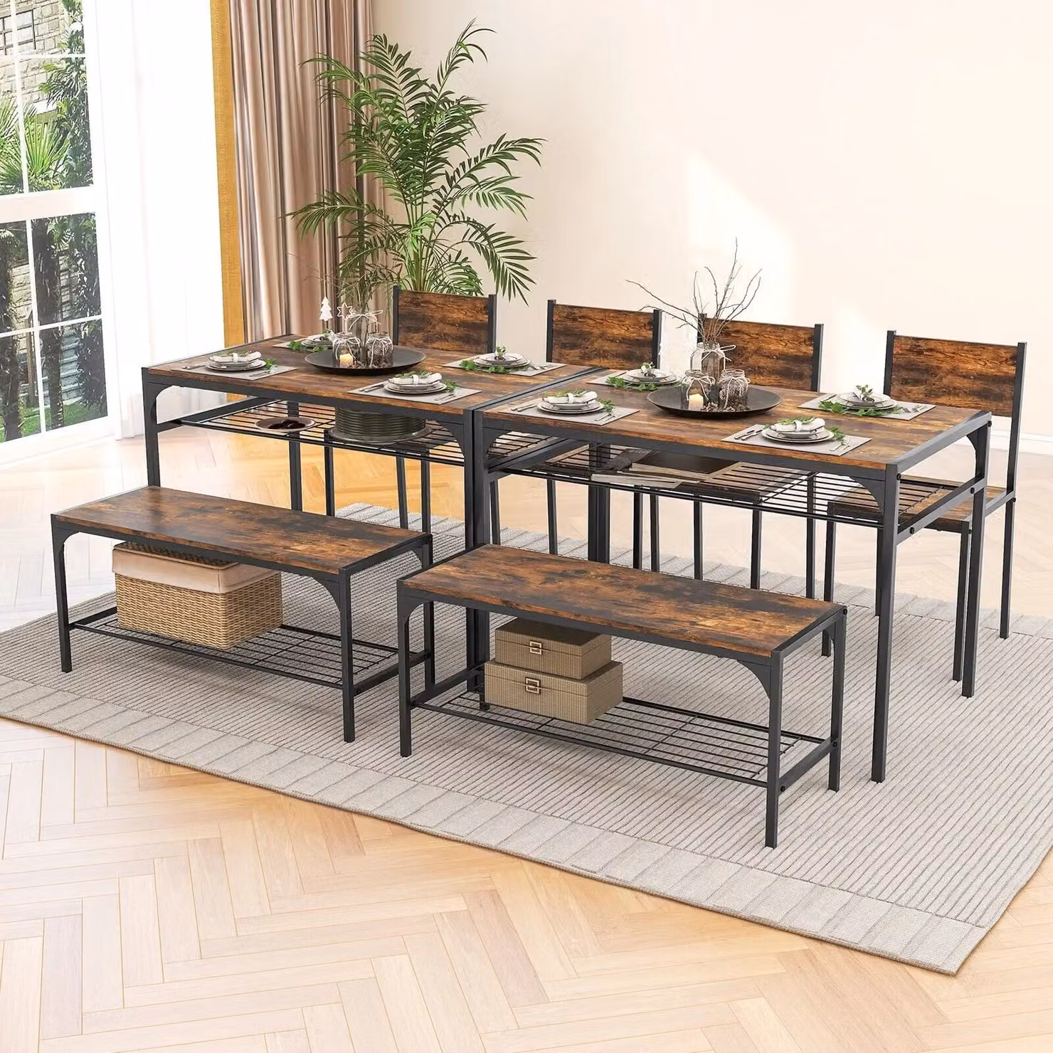 Gymax Industrial Rectangular Dining Table and 4 Chairs Set in Brown – 3