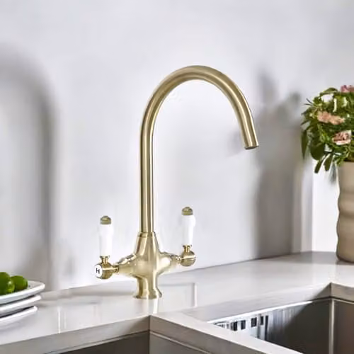 Nes Home Twin Lever Kitchen Sink Mixer Tap in Brushed Brass with Swivel Spout