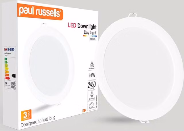 Paul Russells 24W Round Recessed LED Downlight, White, 2450lm, 6500K Cool White, IP20, Diameter: 215 mm, Height: 45 mm