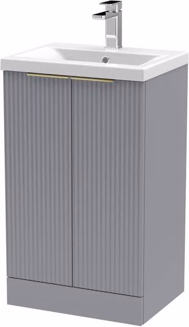 Balterley Fluted Front 2 Soft Close Door Grey Freestanding Vanity Basin Unit with Brushed Brass Details, W: 50 cm, H: 85 cm – 1