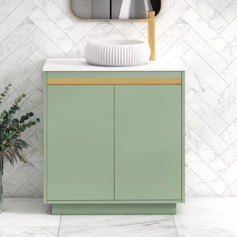 Royal Bathrooms Orion 800mm Mint Sage Floor Standing 2 Door Vanity Unit with Milan Basin and Brushed Brass Accent Trim