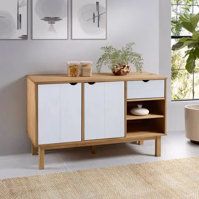Berkfield Home OTTA Scandinavian Sideboard in Brown and White Solid Pine Wood, W/D/H: 114 x 43 x 73.5 cm – 1