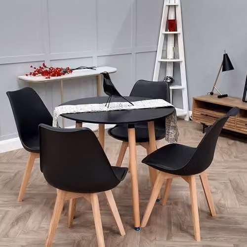 Life Interiors Tulip Dining Chair with Black Synthetic Leather Padded Seat and Wood Legs – 12