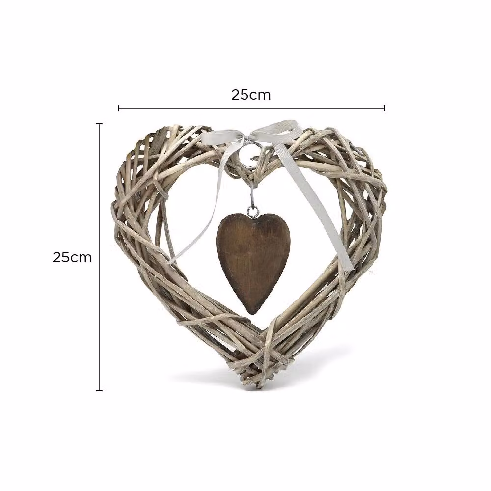 Voltico Rustic Wicker Hanging Heart Decoration with Wooden Charm in Brown or White – 2