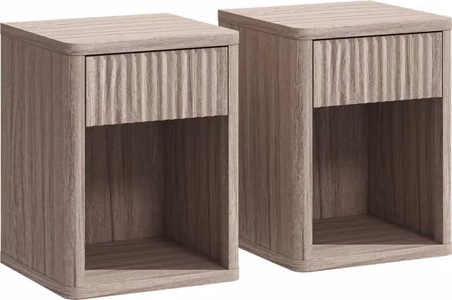 HOMCOM Set of 2 Modern Oak Bedside Tables with Drawer and Open Shelf