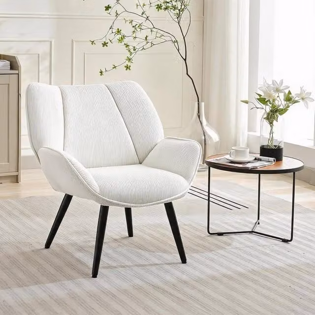 London Boutique Modern Corduroy Wingback Accent Chair in White with Solid Wood Frame and Armrests