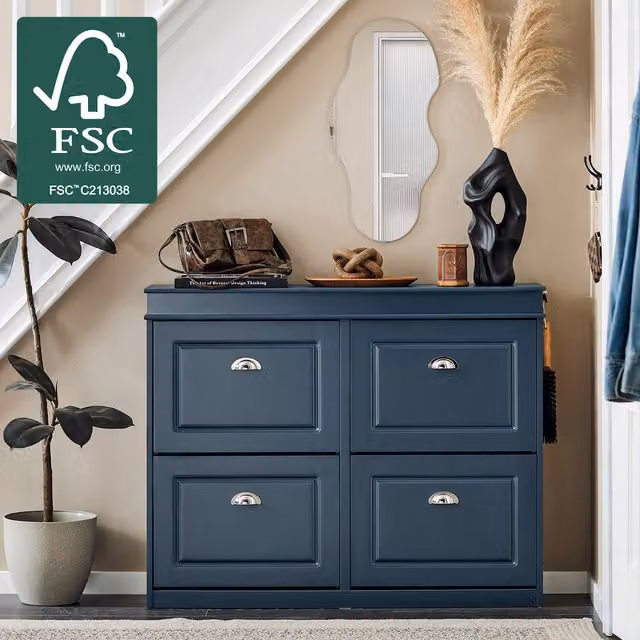 SoBuy Slim Shoe Storage Cabinet with 4 Tilting Compartments and Metal Handles in Blue