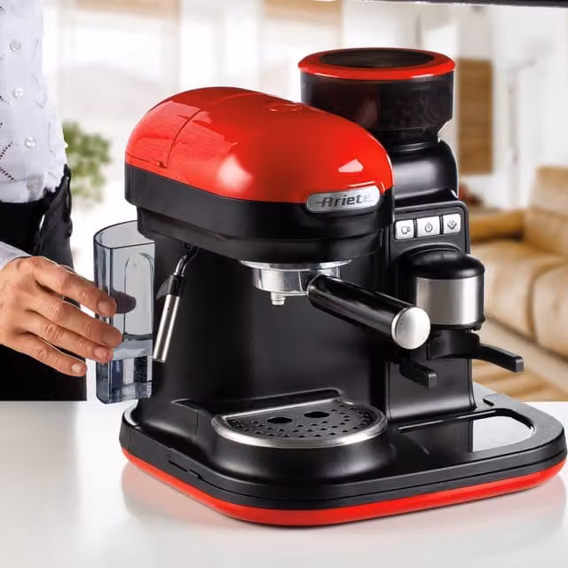 Arietes Red Countertop Espresso Coffee Maker with Steam Wand