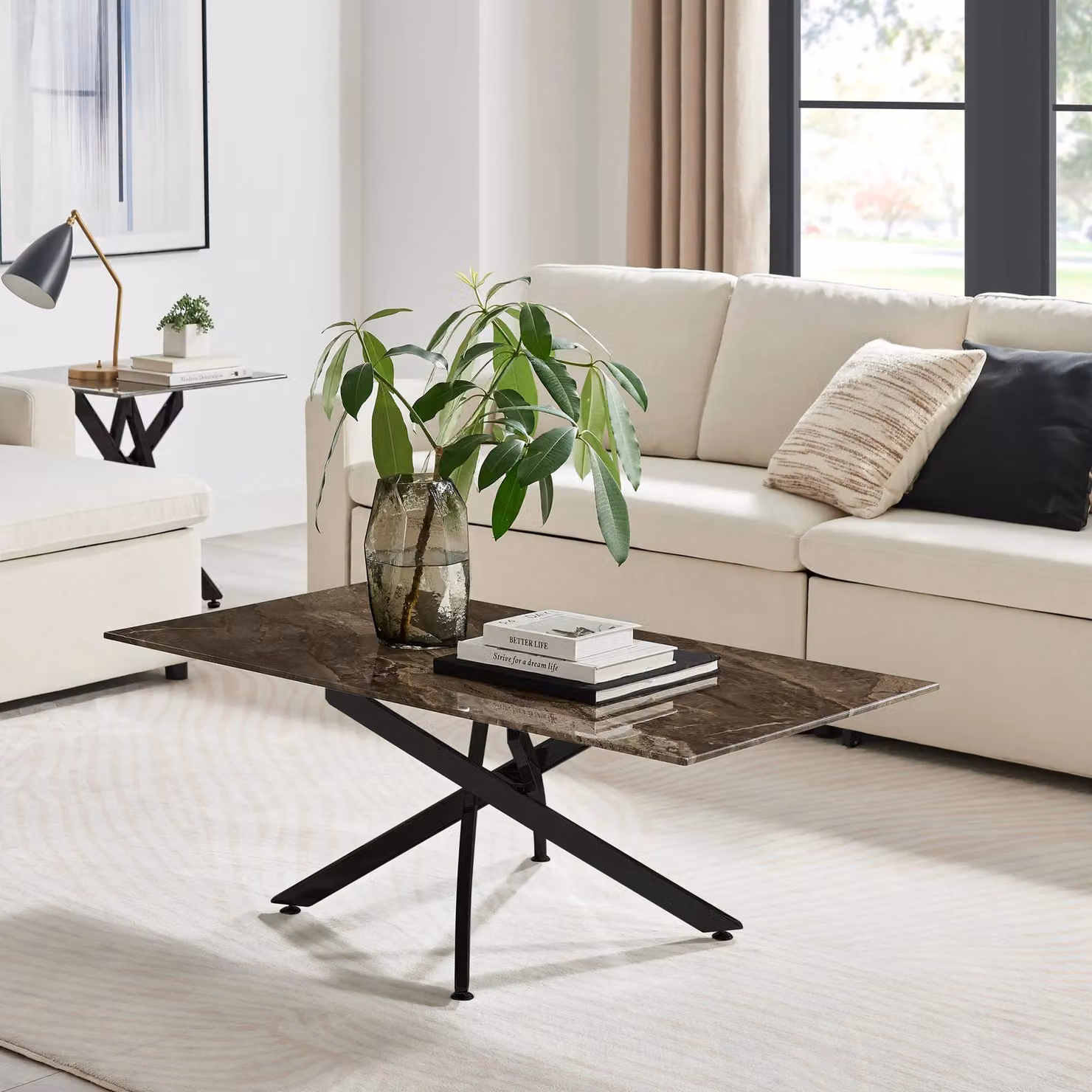 FurnitureboxUK Leonardo Rectangular Marble Effect Glass Top Coffee Table with Black Metal Starburst Legs in Grey – 2