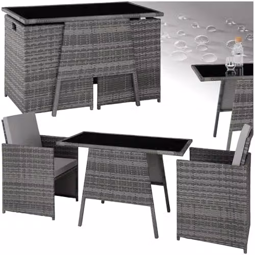 tectake Rattan Bistro Set in Grey with 2 Chairs and 1 Table featuring Glass Top and Removable Cushions – 1