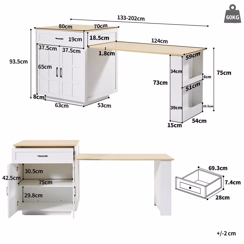 Rolipo Extendable White Kitchen Island Bar Table with Storage and Matt MDF Finish – 5