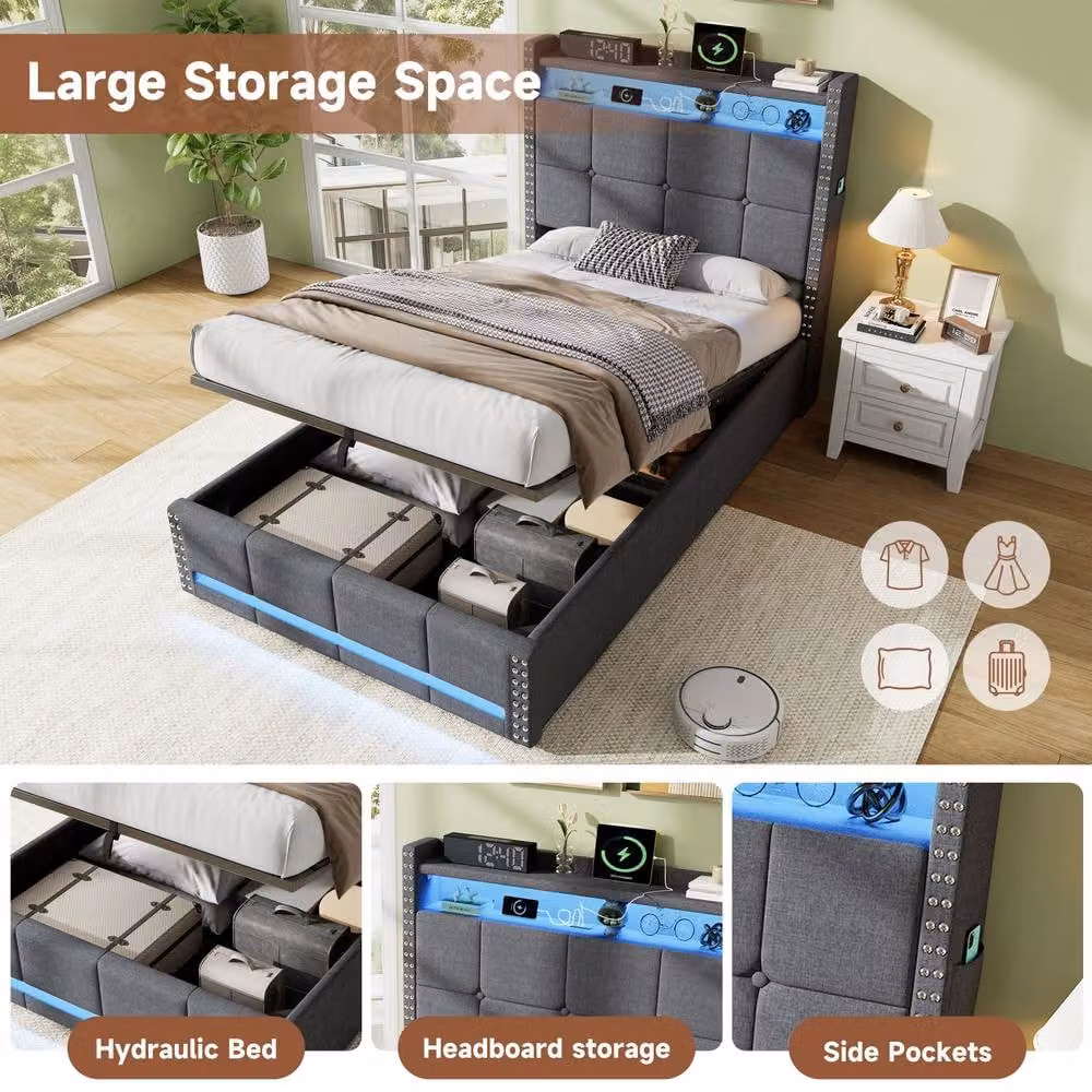 Merax 3FT Single Linen Ottoman Bed in Grey with LED Lighting and USB Charging Headboard, W/D/H: 90 x 190 x 115 cm – 3